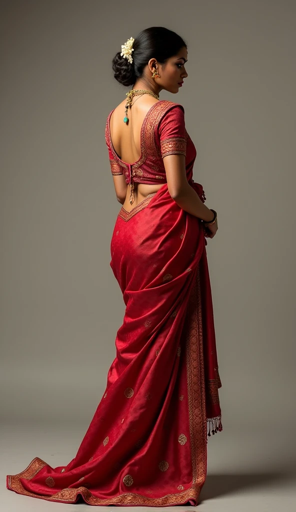 beautiful woman in gorgeous saree, detailed face and body, backview, wide ass, photorealistic, 8k, masterpiece, cinematic lighting, dramatic composition, intricate fabric textures, vibrant colors, elegant pose, ethereal atmosphere