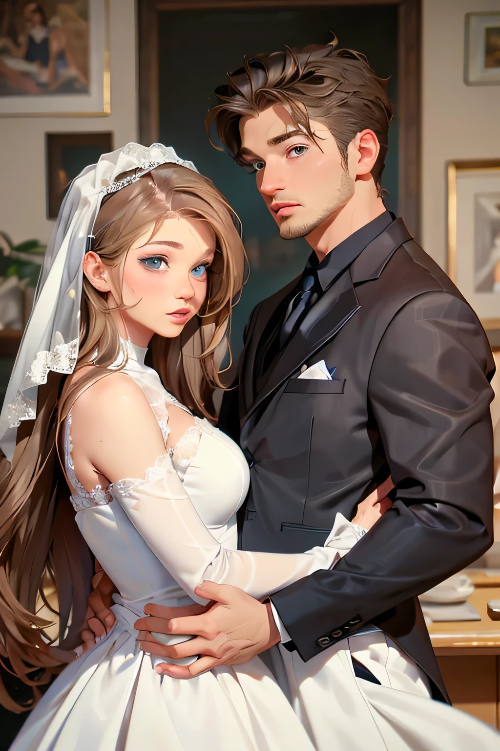 wedding . There are 2 people in the frame . bride and groom . Bride - Beautiful brown-haired girl . 29 ren . Blue eyes . chest size 4 . The groom is a powerful man with black eyes . They are happy .