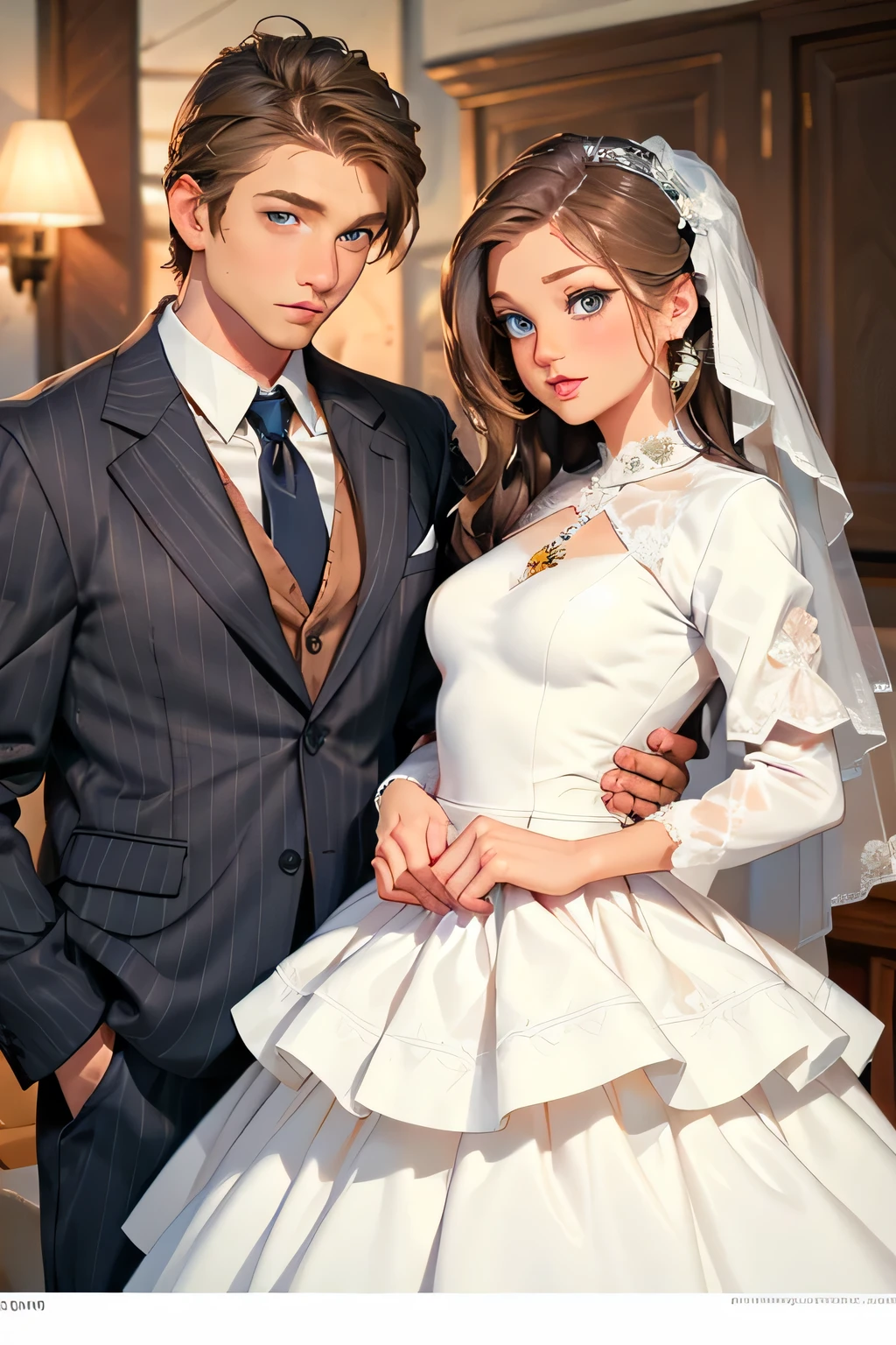 wedding . There are 2 people in the frame . bride and groom . Bride - Beautiful brown-haired girl . 29 ren . Blue eyes . chest size 4 . The groom is a powerful man with black eyes . They are happy .