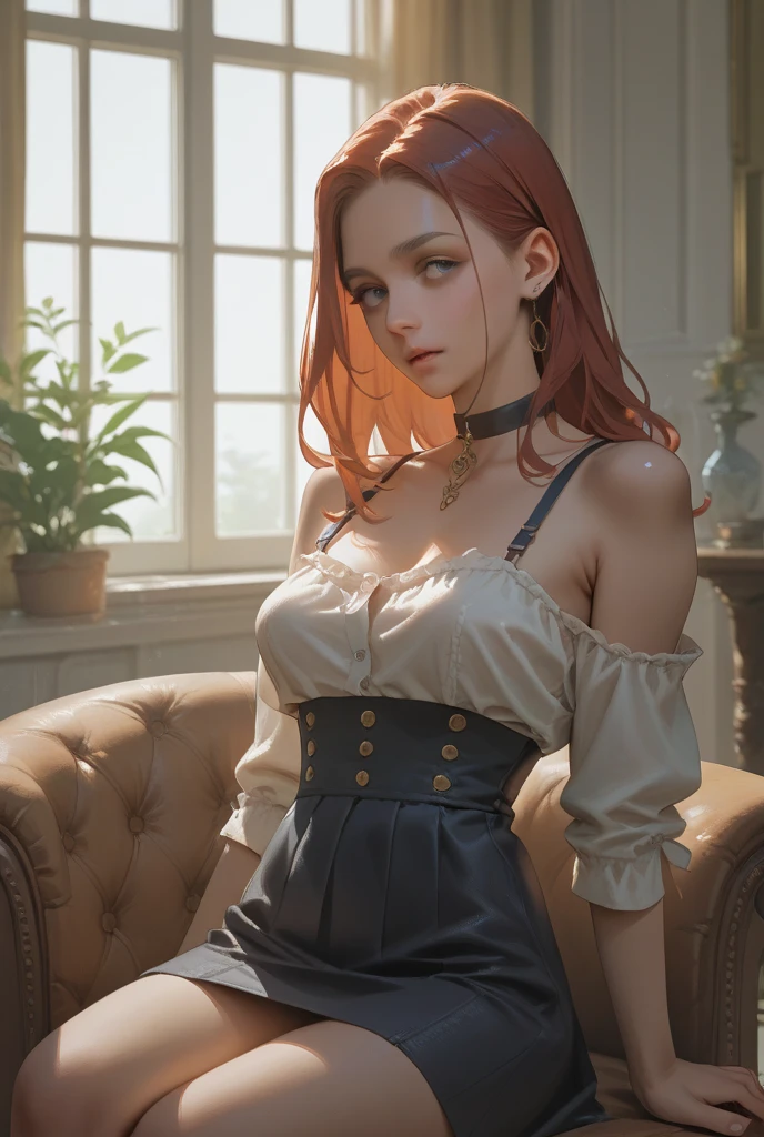 (best quality,photorealistic),underdye hair of orange and blue,beautiful detailed eyes,beautiful detailed lips,medium:1.1,vivid colors,ultra-fine painting,portrait,waiting in the coffee shop,mini skirt,white blouse,cute pose,on heels, drinking coffee, german chinese. big boobs, showing body