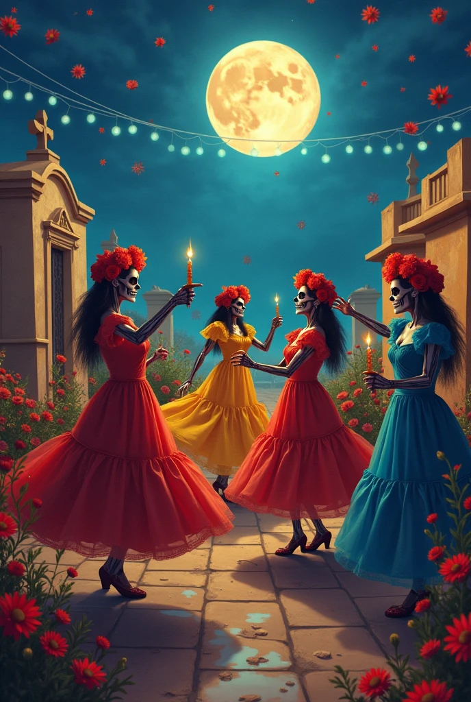 Dia de los muertos traditional ritual with few people. Add skulls. It's night
