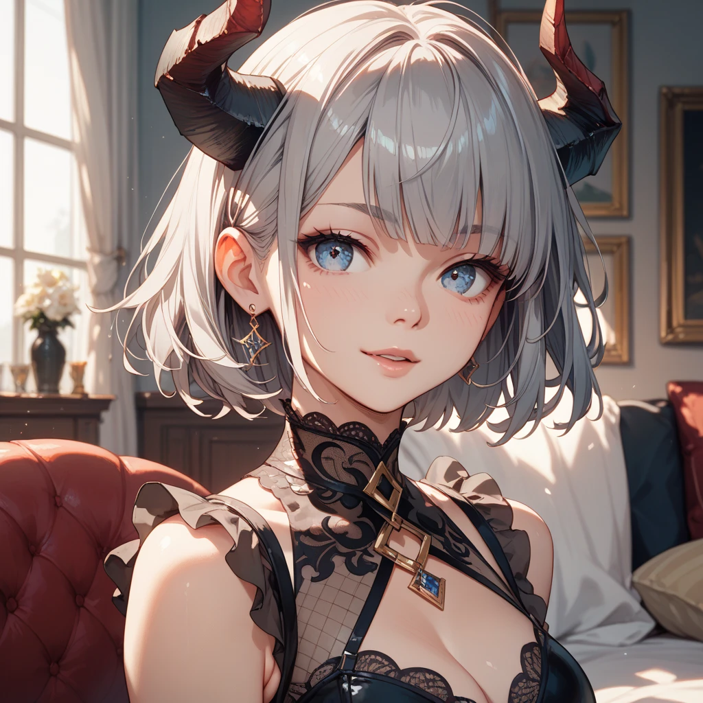((Highest quality)), ((masterpiece)), (detailed), （Perfect Face）、The woman is the Devil Queen Liza, a female demon wearing a luxurious black wedding dress decorated with gold.、The woman is a female demon with magnificent devil horns, jet black devil wings, and a jet black tail. She is looking at the camera with a happy expression, a demon named Liza, with short brown hair, a white hat, and the expression of a girl in love.、The woman is Liza
