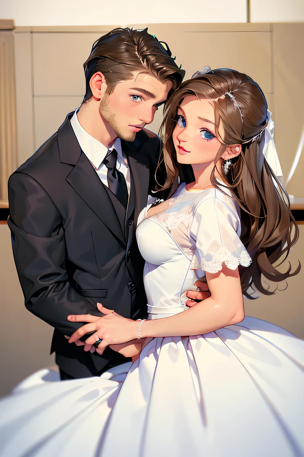 wedding . There are 2 people in the frame . bride and groom . Bride - Beautiful brown-haired girl . 29 ren . Blue eyes . chest size 4 . The groom is a powerful man with black eyes . They are happy .
