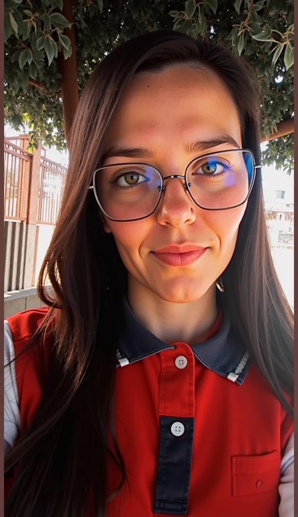 model smiling with prescription glasses, lighting, studio, roupa vermelha, image with focus and red white background illuminated interior office, luz vermelha, fundo desfocado, imagem detalhada realista textura pele cabelo