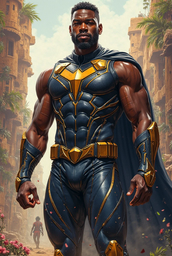 (Masterpiece, 4k resolution, ultra-realistic, very detailed), (Charismatic theme of superhero of black color, muscular and strong, there is a man at the top of the city, wearing a hunter's costume and one above all of brown color, with angry bear mask, he is a hero with a mark on his chest described with the capital letter B), Full body,  [(28 years), (short black hair: 1.2), full body, (brown eyes: 1.2), ((combat posture), show of force, running on top of a building), ((sandy urban environment) : 0.8) | (cityscape, at night, dynamic lights), (full moon))] # Explanation: Prompt mainly describes a 4K ultra-high definition painting, very realistic, very detailed. It shows a hero at the top of the city, wearing a high-tech Hunter costume, with a well-defined modern brown overcoat. The subject of the painting is a black-skinned superhero, the male protagonist has short, muscular, strong and agile black hair, is 28 years old, and his entire body is shown in the painting. In terms of portraying superhero actions, technological pieces are employed --auto --s2