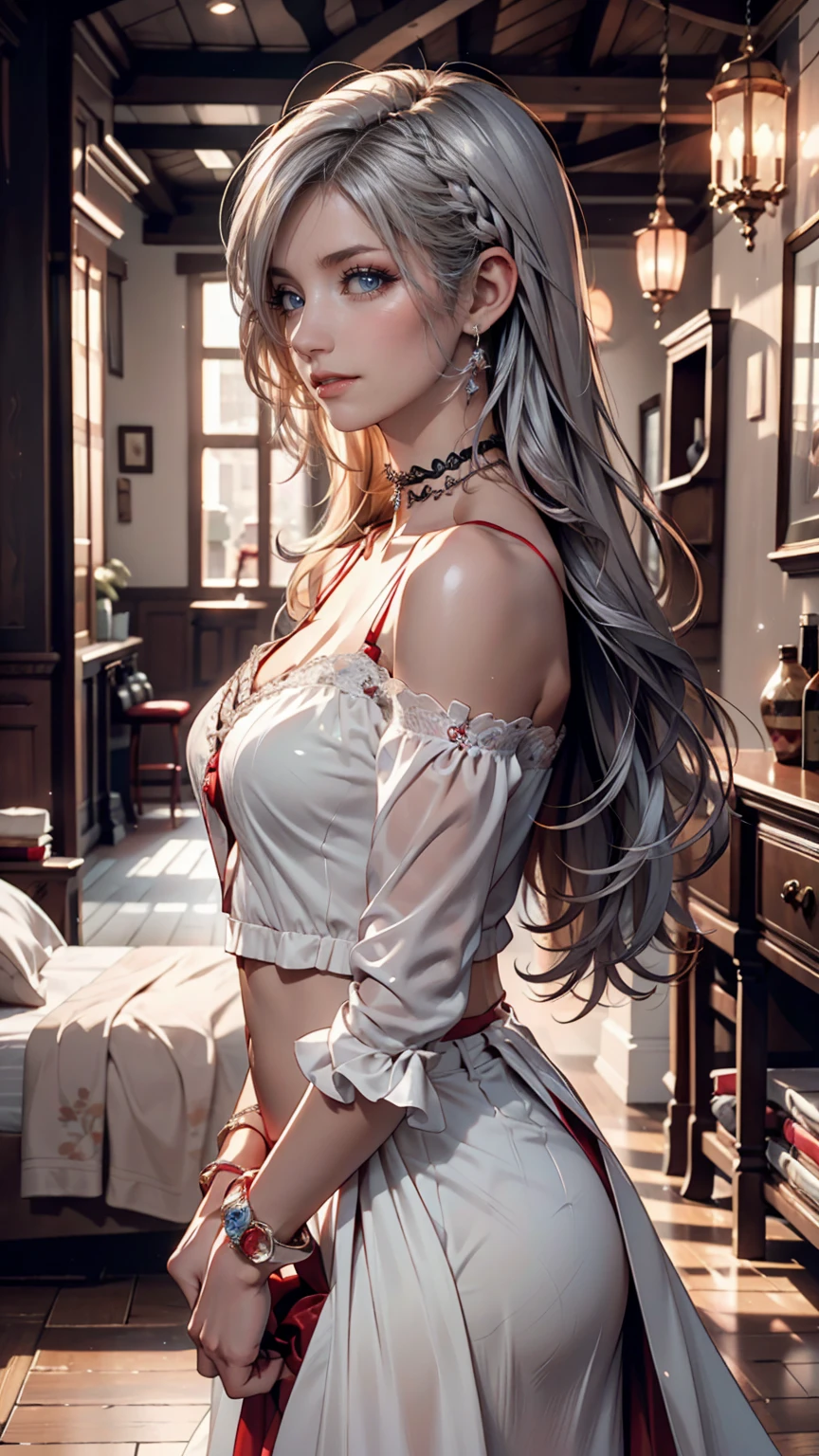 masterpiece, top quality, illustrations, ultra detail, finey detail, high resolution,  8k Wallpaper, perfect dynamic composition, beautiful detailed eyes,  natural lips, sequin high neck zipper up top , sequin yoga pants、sequin pin heels、Big Breasts,silver accessories on the wrist、constricted waist、 Silver Hair、full body photo