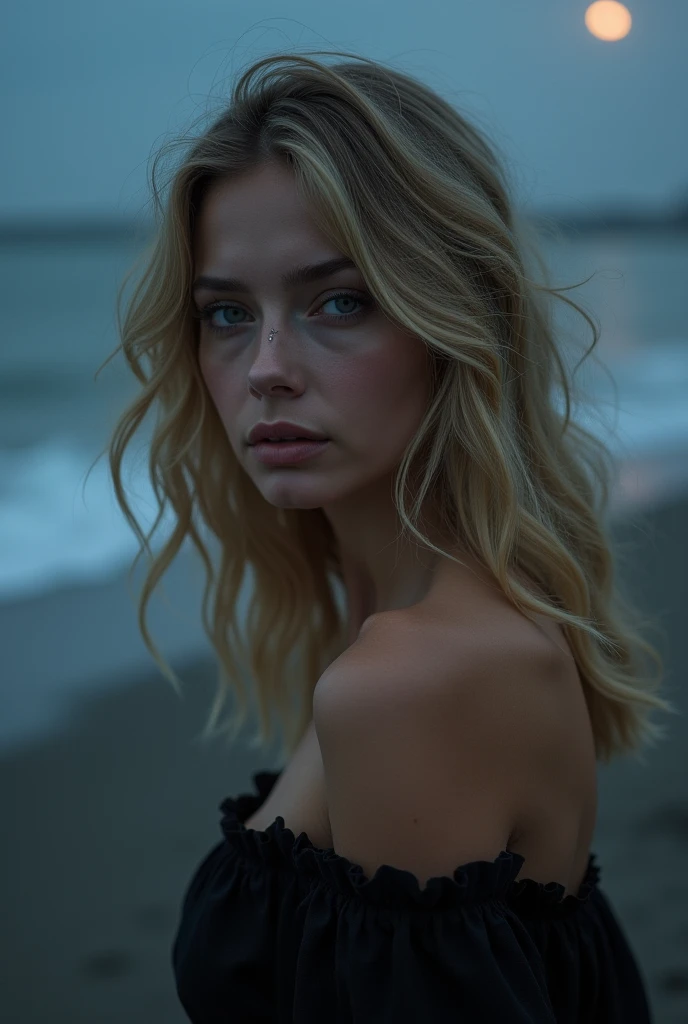 1 blonde woman, long wavy hair, deep blue eyes, thick dark eyebrows, breasts, buttocks, wearing a short black dress, high quality, detailed portrait, natural lighting, photorealistic, detailed skin texture, high resolution, 8k, best quality, masterpiece she look at the sea de dos