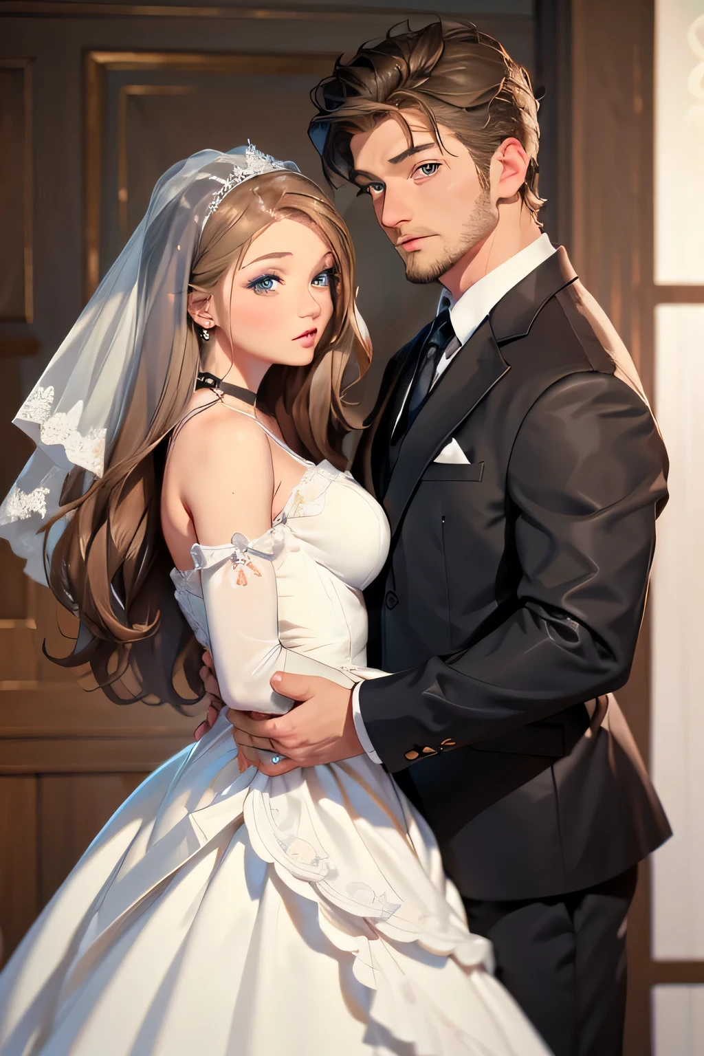 wedding . There are 2 people in the frame . bride and groom . Bride - Beautiful brown-haired girl . 29 ren . Blue eyes . chest size 4 . The groom is a powerful man with black eyes . They are happy .