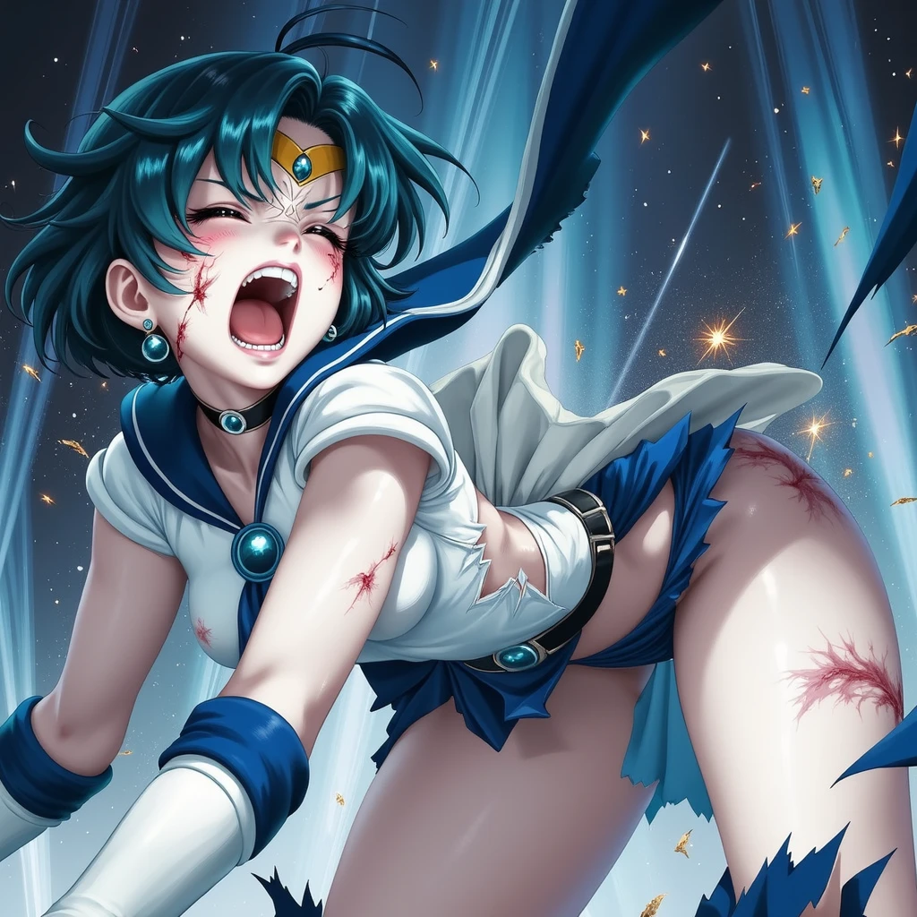 ((highest quality)), ((masterpiece)), (detailed), (Perfect Face)、The woman is Sailor Mercury, wearing an alien dress, with short blue hair and a completely alien body.、The woman happily embraces the powerful alien king and has sex with him, inserting his genitals into her vagina and ejaculating a large amount.