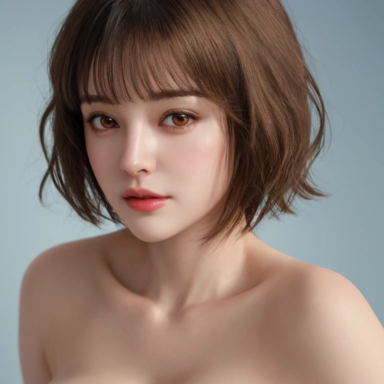 (Representative works:1.3)、(8k、photorealistic、RAW photo、Highest image quality:1.4)、超High definition、Super realistic、High definition、(30 year old mature woman)、small face、beautiful face、(realistic face)、no makeup、natural makeup、Light makeup、 (Dark brown、short hair:1.3)、Beautiful eyes in every detail、 (photorealisticな肌)、beautiful skin、bust B cup、 small breasts、、超High definition、Super realistic、High definition、cool beauty、、gray background、