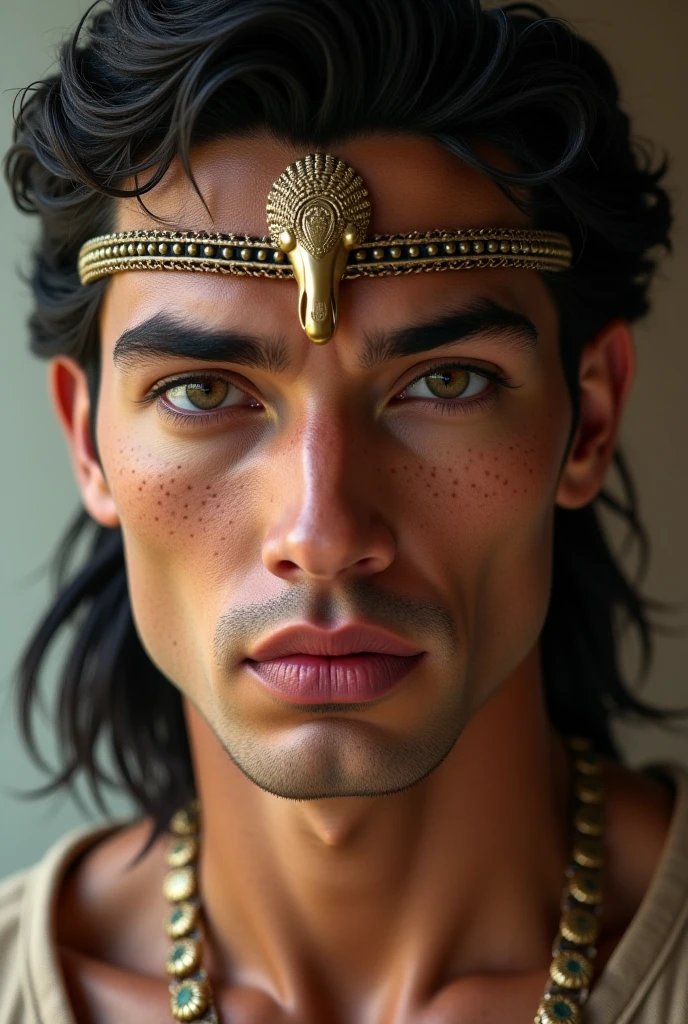 An Egyptian ancient male with double crown, ancient jewelry and ancient wear