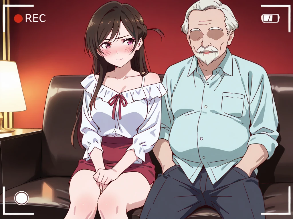 (nsfw:1.2),((One girl, 1 Elderly)), (Skirt flip:1.4), ((Old man grabs woman's waist)), The old man laughs evilly, Huge breasts:1.7, Anime cel painting style, Highest quality, High resolution, Huge breasts:1.8, good, High leg panties,blue eyes, Purple Hair, bangs, Side Ponytail, hair ornaments, Embarrassing, fear, blush, View Viewer, whole body、(((Completely naked:1.8)))、He is moving his hands violently to his crotch