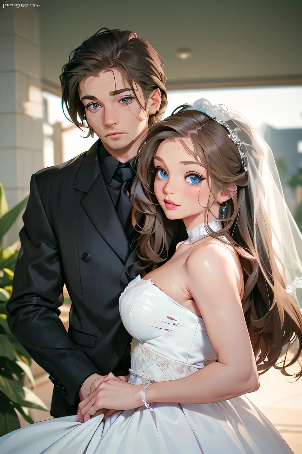 wedding . There are 2 people in the frame . bride and groom . Bride - Beautiful brown-haired girl . 29 ren . Blue eyes . chest size 4 . The groom is a powerful man with black eyes . They are happy .