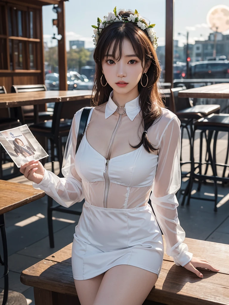 (Tabletop:1.3), (8k, Realistic, RAW Photos, highest quality: 1.4), Japanese, (One Girl), Beautiful Face, (Realistic Face), (Black Hair), Beautiful Hairstyles, Realistic eyes, Beautiful fine details, (Realistic Skin), Beautiful Skin, Charm, 超A high resolution, Surreal, Very detailed, Golden Ratio、 Show from waist to shoulders, Beautifully detailed skin, (cute:1.2), (Black Hair), ((JPOP Idol)), (Upper thigh:0.6), (Depth of written boundary),Soft Light, Lens Glow, View Viewer, (Droopy eyes:1.2), Straight teeth,smile, Floating Hair, (Blonde:1.2), Brown eyes, Movie Scenes, Cinematic, Full Color, 4K, 8k, 16K, RAW Photos, Tabletop, Professionally color coded, Professional photography, Cleavage,high school girl, Put your hair up, think,(Sweat,Haa)1.2,(blush,Open your mouth)1.3,Soft Clean Focus, Realistic lighting and shading, (Very delicate and beautiful art)1.3, elegant,Active Angle,Dynamism Pose, Realistic, (cute女の子:1.1), High resolution, Ultra Clear, Sharp focus, ,Cosplay, slim, transparent white cloth,Gray Hair, High Ponytail, (Off-White Damask Long Sleeve Shirt Dress:1.3), (Thom Browne designer dress:1.4), (Very detailed背景, Detailed background: 1.3), Bokeh, Depth of written boundary, China City Street, There is no one in the background,(Skirt flip、Pink Panties:1.1)