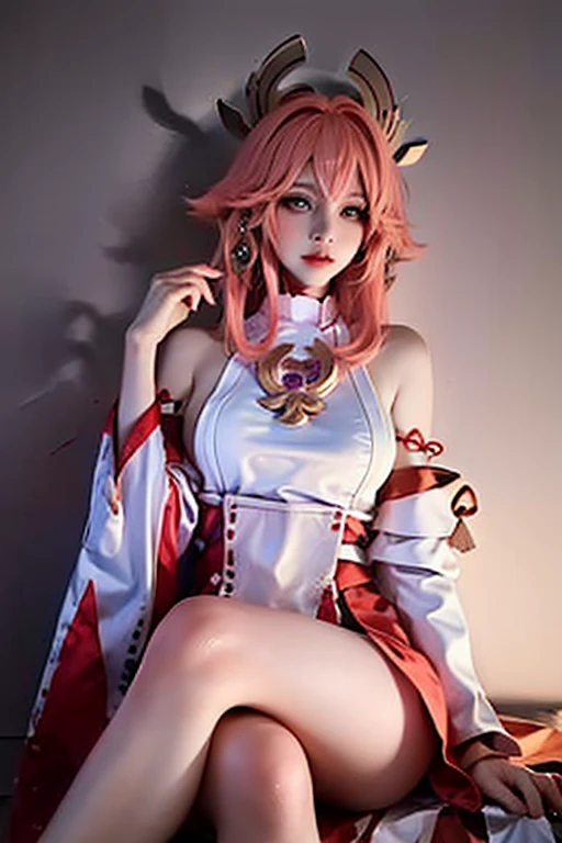 face lighting,bright backlight,big bust,ultra high resolution,World Masterpiece, best quality,picture,8k,uhd, Senji,1 woman,yae miko,alone, realistic long hair,pink hair,separated sleeves,looking at viewer, realistic jewelry,bare shoulders,japanese clothes, forehead,wide sleeves,earring,pink lips,cowboy shot, blurred background,realistic hair between eyes,shirt,purple eyes,realistic animal ears,headdress,white shirt,afternoon,sky,사실적인 thighs 끈,red skirt,fox ears,laugh,Non-traditional Miko,very long hair,floating hair,long sleeves,skirt,blue sky,thighs,