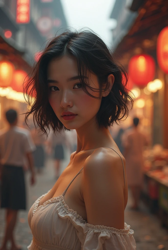 (best quality,4k,8k,highres,masterpiece:1.2),ultra-detailed,(realistic,photorealistic,photo-realistic:1.37),beautiful detailed eyes,beautiful detailed lips,extremely detailed eyes and face,longeyelashes,1 girl,portrait,fantasy landscape,magical forest,glowing fireflies,warm sunlight,dramatic lighting,vibrant colors,cinematic, cute face, pretty girl, ((short hair)),