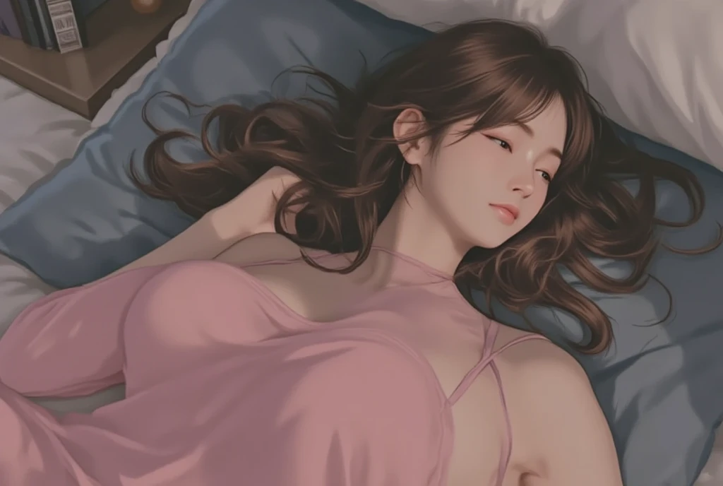 sleeping girl, 22 years old, realistic,  (Big Breasts、deep cleavage),  she is wearing long pants , I'm wearing pink pajamas, brown hair.
