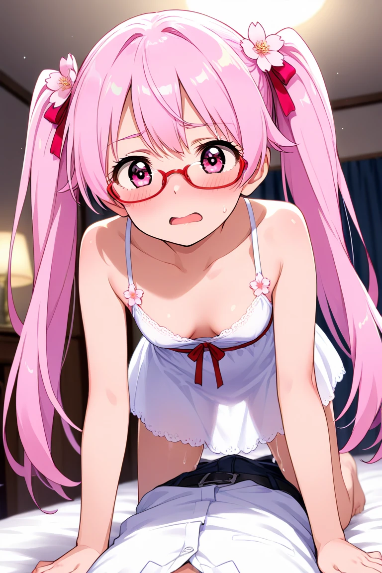 best quality,1girl,breast focus,cowboy shot,looking at viewer,from above,japan room,game play room,megami magazine,pale skin,,beautiful breasts,beautiful ass,pink hair,long hair,twintails,embarrassed,red eyes,large breasts,pointy breasts,bikini,hoodie,White micro shorts,kneehighs,red glasses, see through,bare breasts, sweat,hoodie lift, show off nipple,from below,kneeling,