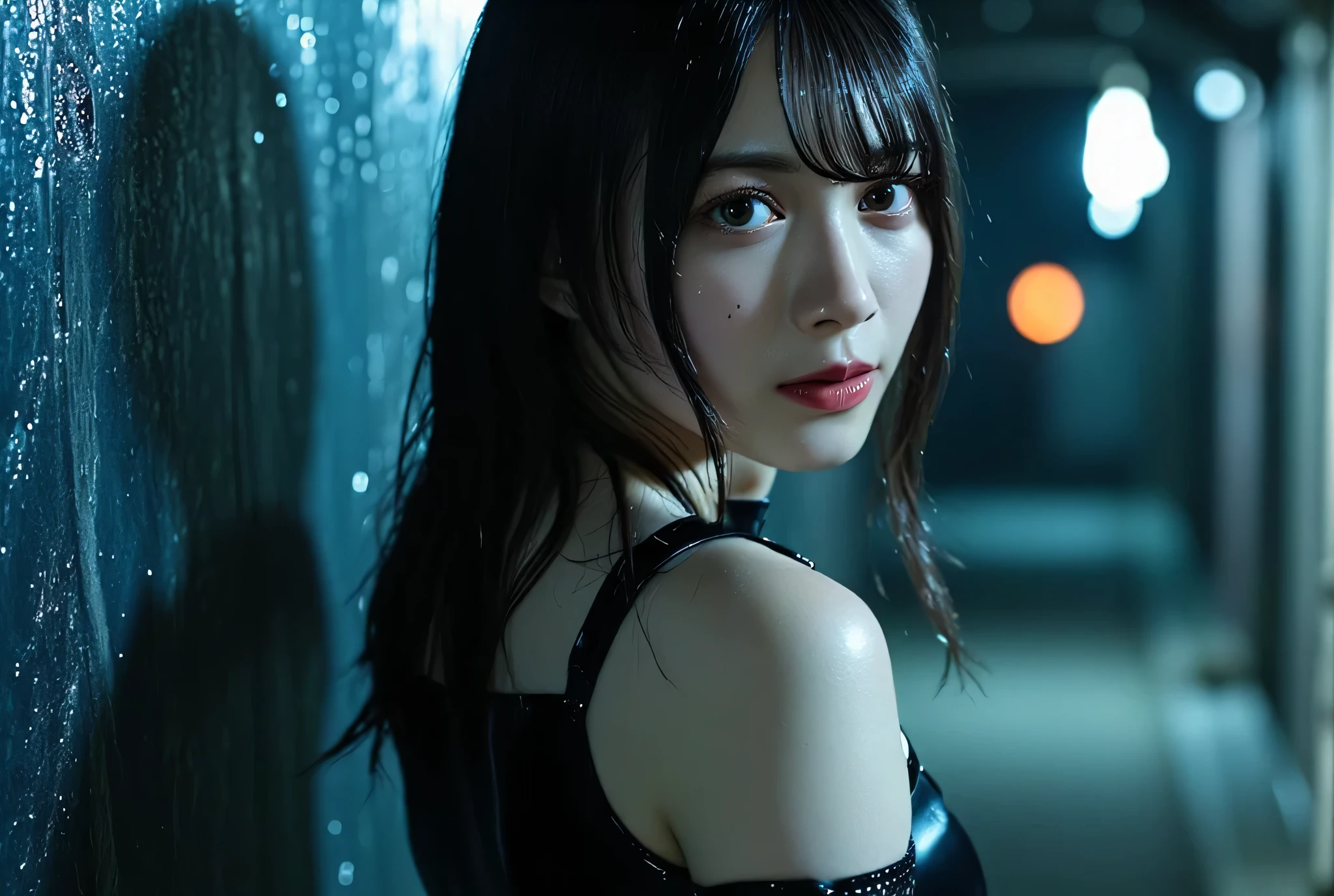 (((Inside a dark spaceship:2.0))),(((HR Gigger style cyberpunk vibe:2.0))),(((Has a cyberpunk Japanese sword:2.0))),side view from the back,Side pose,((Looking back and looking at the camera:2.0)),((look back over my shoulder:2.0)),Rear View,one woman,(cute faces),(Beautiful well-balanced face ),((long hair with bangs:2.0)),(black hair:1.5),(beautiful eyes:1.3),glamorous shot of a 20 year old Japanese woman, Slender Beautiful Body ,(((model body type:2.0))),((slim body:2.0)),Perfect Body Line,ideal proportions,(big breasts outdoors at night:2.0),((スリーサイズ90-58-86:3.0)),((G cup breasts:2.0)), popup,Bare thighs,Sensual Thighs,delicate body,(succulent:1.5),(drenched:1.7),natural posture,((A beautiful, toned butt:2.0)),((cute ass:2.0)), ((((bare ass :2.0)))),(((T-back:2.0))),(Realistic breast depiction :1.5),carefully depicts the limbs based on perfect anatomy,((Futuristic SWAT Troop Style Black Bodysuit:2.0)),((fitted latex bodysuit with a cyberpunk Japanese sword:2.0)),((((Black Mesh Coarse Fishnet Tights:2.0)))),((ear monitor:1.5)),((Tactical Holster:1.5)),(gloves:1.3),concept art,(of the best quality:1.5),(masterpiece:1.5),(超高resolution),resolution,UHD,(Delicate Description), carefully drawn with butterfly wings ,32k,((Realistic Skin Texture:1.5)),(((ultra-realistic:1.5))),carefully draw eyelashes,Highly Detailed Face,Highly detailed female hand,very sensual,(Blurry Dim Backgrounds :1.5),professional photo shoot,(movie lighting:2.0),((Blade Runner style light:2.0))