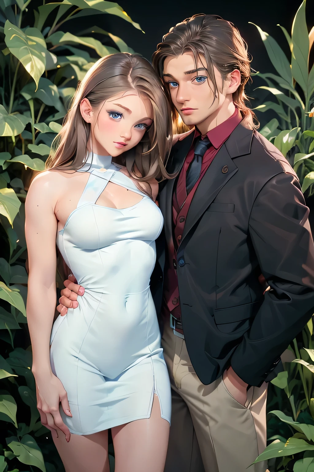 sex photo . There are 2 people in the frame . husband and wife . Bride - Beautiful brown-haired girl . 29 ren . Blue eyes . chest size 4 . The groom is a powerful man with black eyes . They smile . they have sex . completely naked .