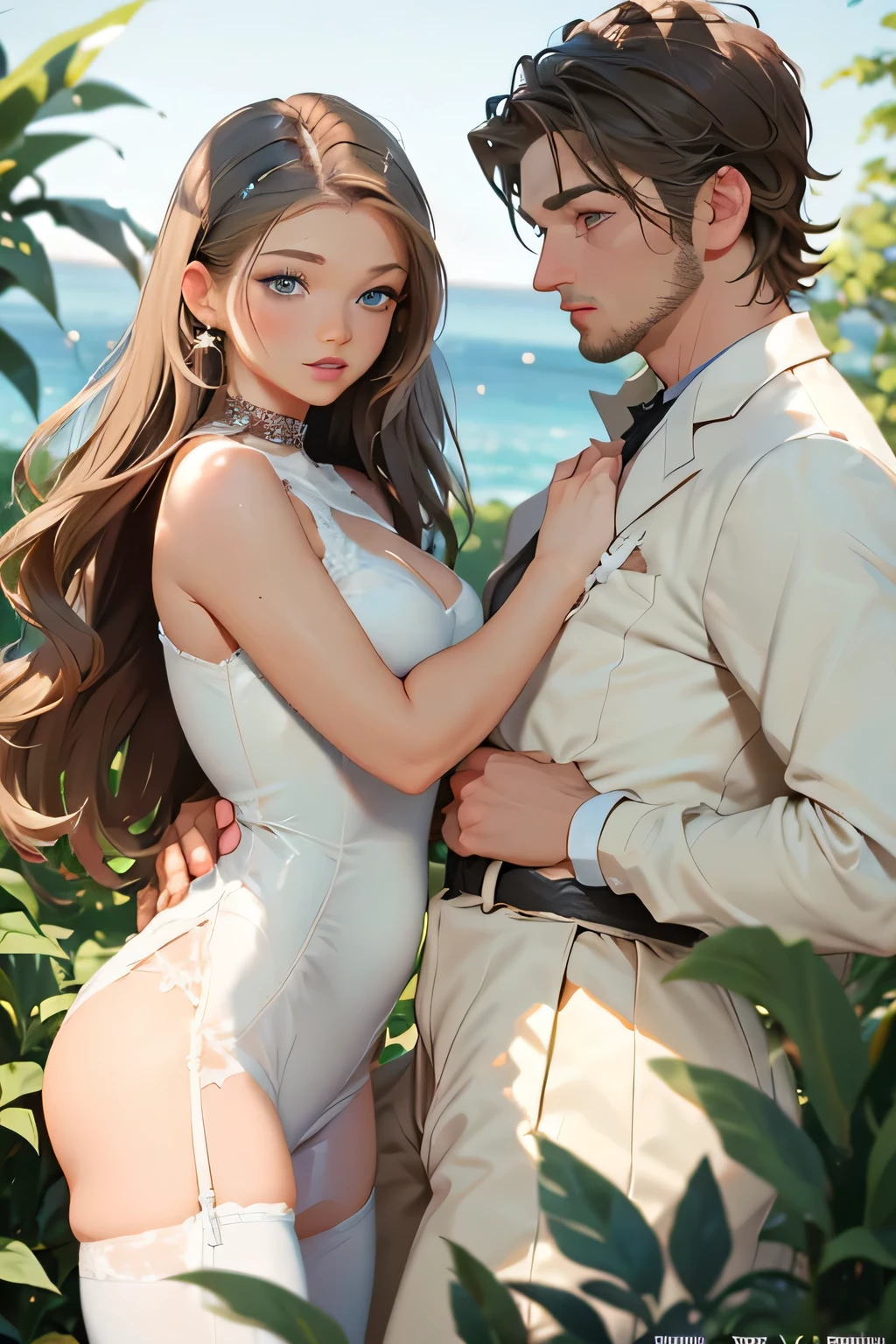 sex photo . There are 2 people in the frame . husband and wife . Bride - Beautiful brown-haired girl . 29 ren . Blue eyes . chest size 4 . The groom is a powerful man with black eyes . They smile . they have sex . completely naked .