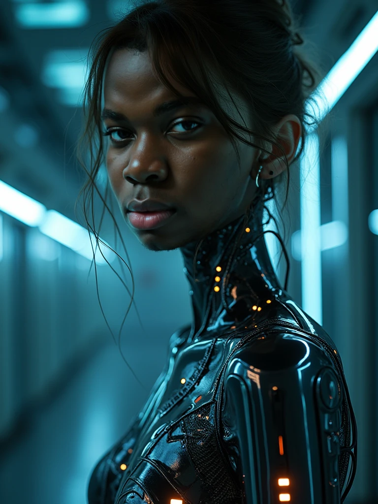 Tilt-shift photo of cinematic film still A RAW photo of a (insect like) robotic woman made of hi tech materials, [multi color neon dreadlocks], (evil robotic eyes), metal wall background. (looking into the camera, black skin,   . shallow depth of field, vignette, highly detailed, high budget, bokeh, (shocked facial expression), cinema-scope, moody, epic, gorgeous, film grain, grainy <lora:Roboticizer:1.1> vivid color, grunge, highly detailed, Roboticizer, A professional photograph of a beautiful, sexy, ((robotic woman)), in high heels, facing camera and standing tall, us,, ultra short spiked  hair,  ivory and slick black latex,, chrome and polished bronze floor,, sleek curved lines, large perfect breasts, thin waist,  [[dark iron accents]], .  white background, [[[muted colors race through the chassis in tiny channels of led light:0.3]]], back lit, Cinematic photography. [vivid color], extreme details, amber backlighting, (dusty, grungy, hyper real), (scuffs, dents, and scratches on metals:1.2),   extreme realism, [was-diablo:0.16] ambient occlusion,, A professional photograph of a beautiful, sexy, ((robotic woman)), in high heels, standing facing us,, very short hair,  ivory and slick black latex,, chrome and polished bronze floor,, sleek curved lines, perfect breasts, thin waist,  [[dark iron accents]], (an ambient occlusion render:1.32).  [[[muted colors race through the chassis in tiny channels of led light:0.3]]], back lit, Cinematic photography. [vivid color], extreme details, black smoky background, amber backlighting, (dusty, grungy, hyper real), (scuffs, dents, and scratches on metals:1.2),   extreme realism, . Selective focus, miniature effect, blurred background, highly detailed, vibrant, perspective control