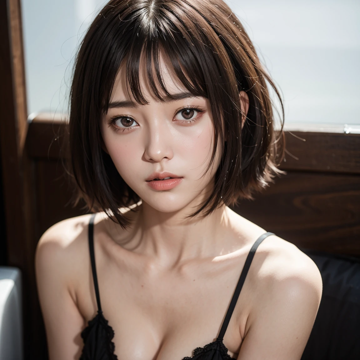 (masterpiece),(highest quality:1.1),(Very detailed), In detail, slim,(Very delicate and beautiful face), (Short eyelashes), 16 years old、Japanese women、very cute, Party Dresses、(short hair, messy hair), medium breast, The corners of the mouth are slightly raised, nsfw, (embarrassed)、Thin Necklace, (looking at viewer)
