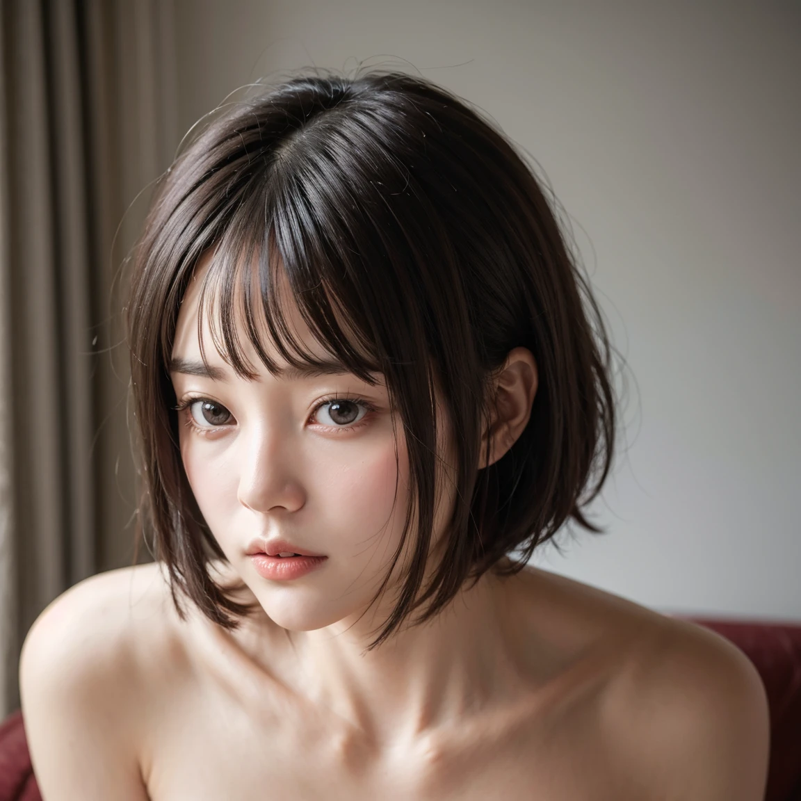highest quality、masterpiece、20-year-old、Bedroom、boyish、boyishな女の子、cool girl、short hair、black haired、4k、8K、small breasts、B cup、pink nipples、small areola、thin pubic hair、Completely naked、topless、full body figure、clear focus、detailed eye、sad expression、profile