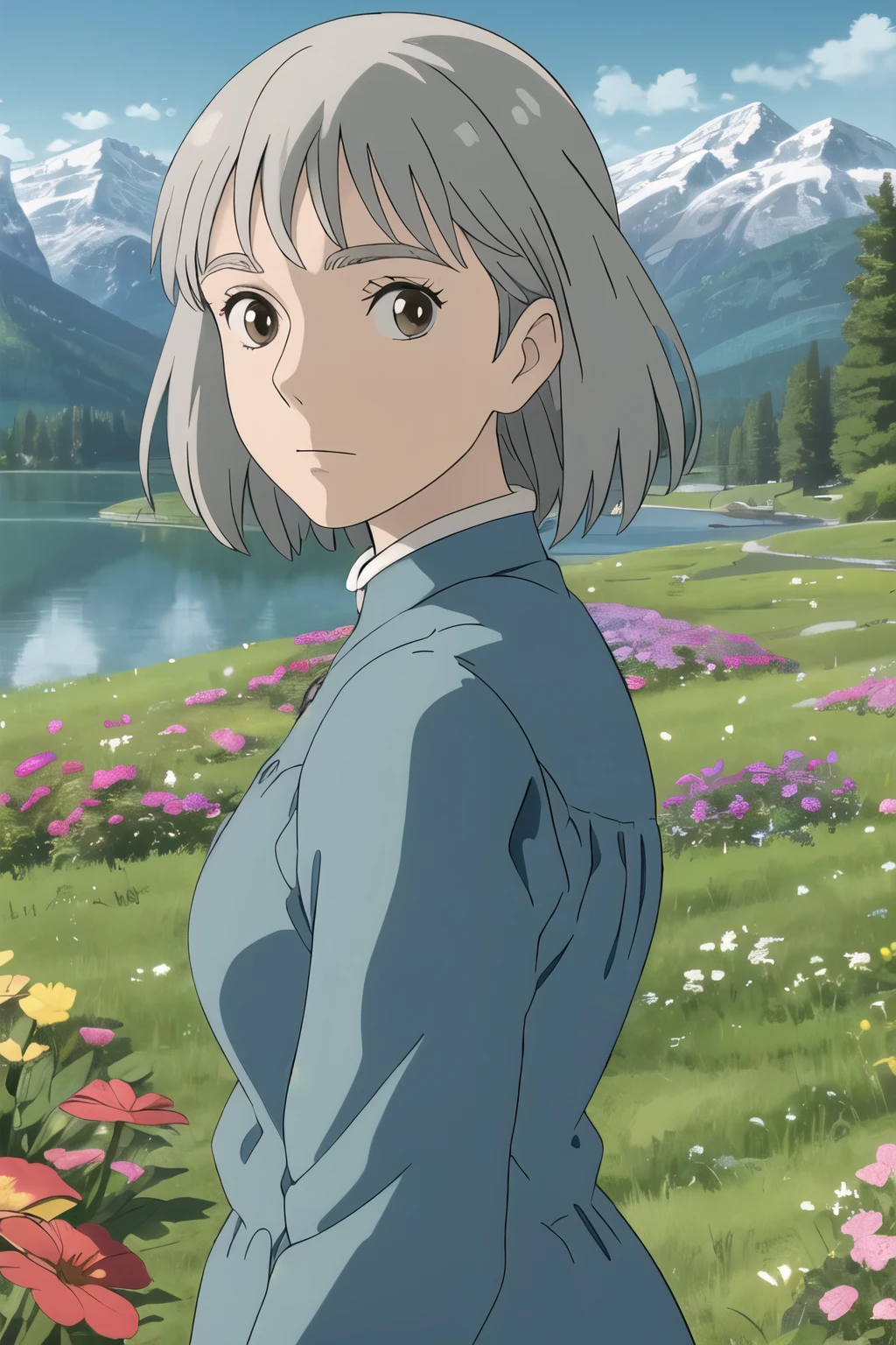 upper body, (center), (masterpiece), (Alone ), a girl, gray hair, brown eyes, medium length hair, blue, grass, flores, lake, trees, mountains, sunny, Looking at the viewer