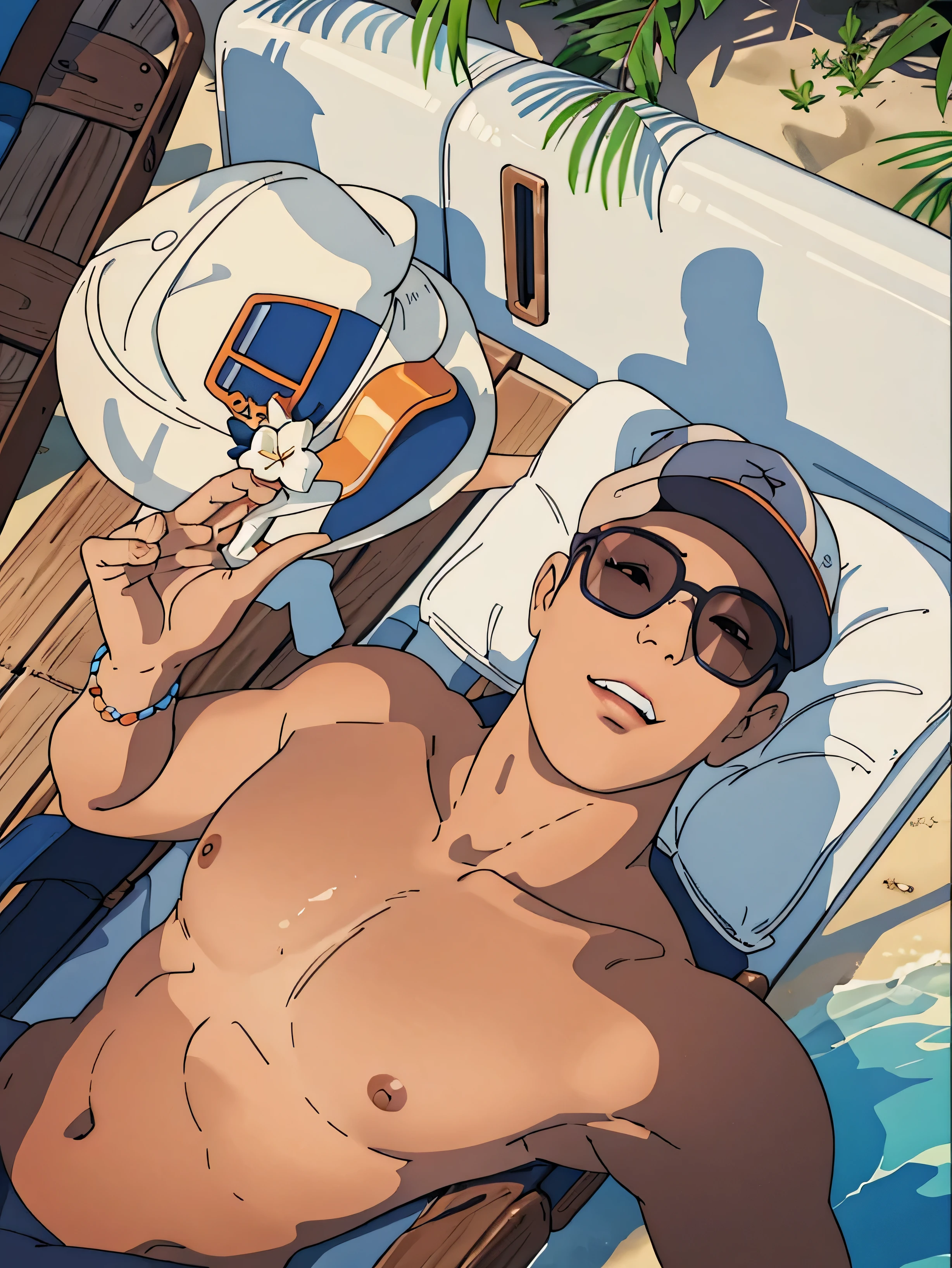 arafed man with a hat and sunglasses on laying on a beach chair, in a sun lounger, vacation photo, relaxing after a hard day, taken in the early 2020s, 3 , profile pic, sitting in the pool, 2 , 2 , 2 , profile imageghibli style, ((masterpiece)),((best quality)),(detailed),Illustration,8k,colorful, high contrast