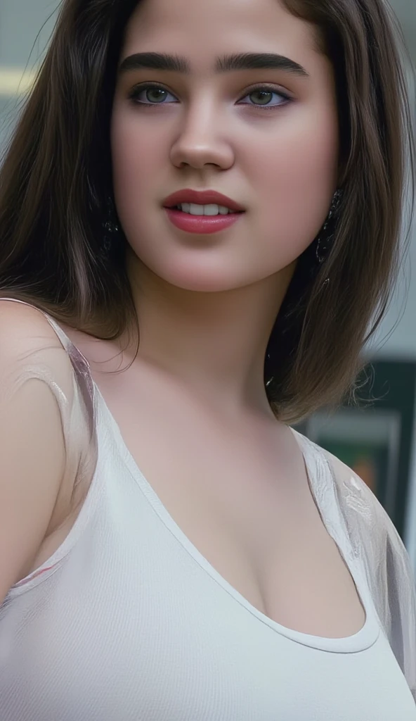 ((Best quality, 8k, Masterpiece :1.3)), 1girl, Pretty woman with emphasizing slender abs :1.3, (random hairstyles, Huge breasts :1.2), Casual outfit :1.2, Indoor, Ultra-detailed face, Detailed eyes, Double eyelid