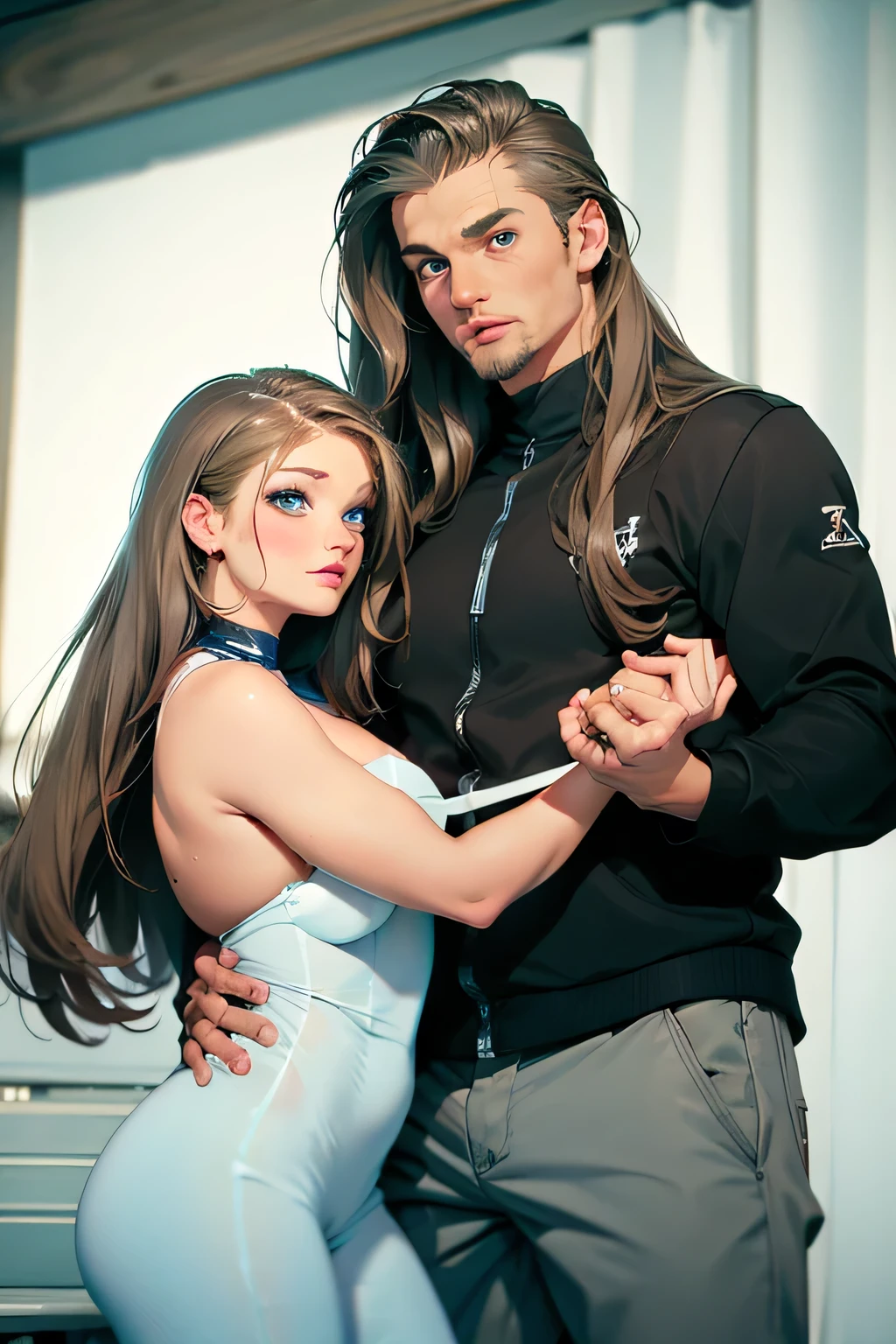 sex photo . There are 2 people in the frame . husband and wife . Bride - Beautiful brown-haired girl . 29 ren . Blue eyes . chest size 4 . The groom is a powerful man with black eyes . They smile . they have sex . completely naked .