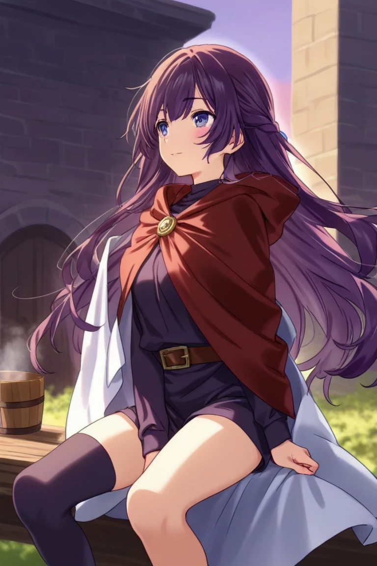 1girl, dqPOM, red hood, purple hair, robe, ass cheaks, from below