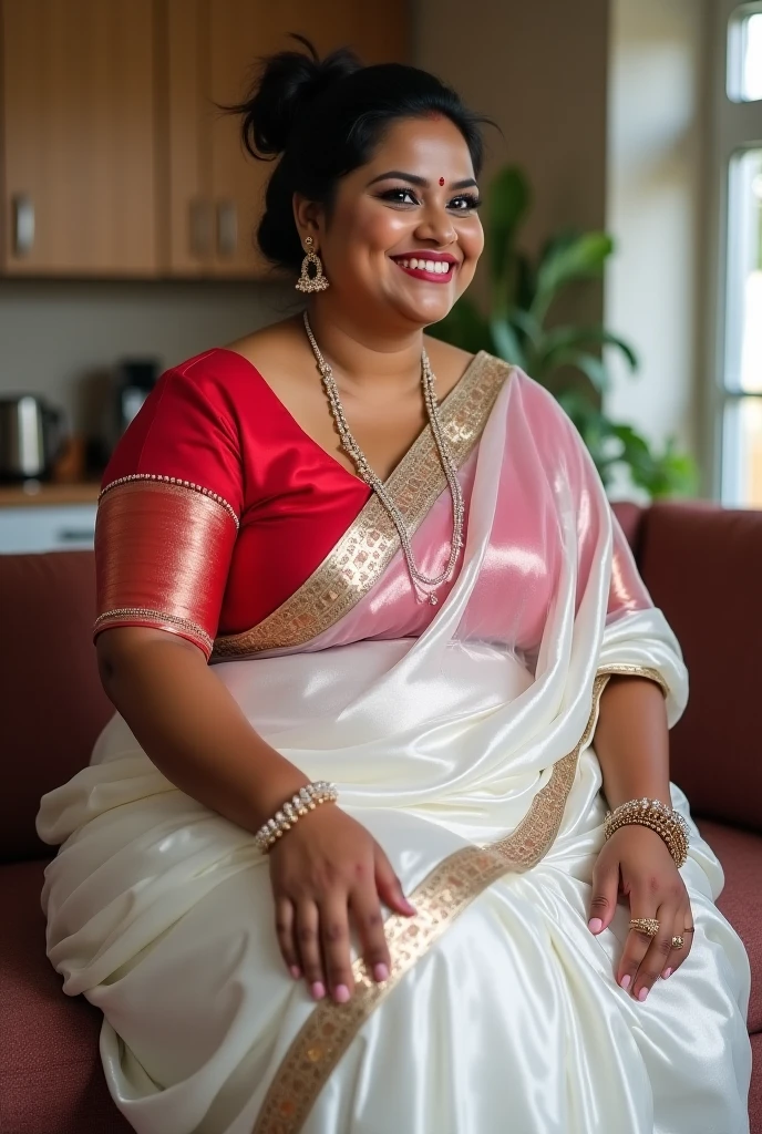 A radiant, full-figured South Indian 45 year old bride ( surrounded by a group of men)wearing a transparent cream colour silky saree standing in a living room, , captured in a full-body image with vibrant hues and meticulous details. Full body image
