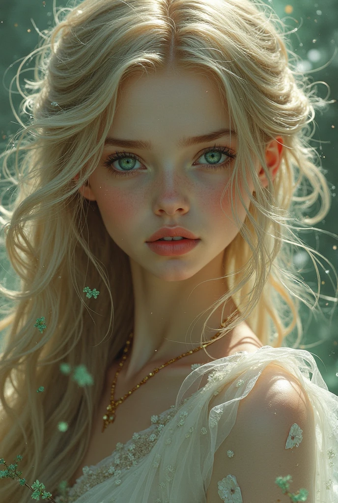 Set in a winter night with the mysterious Ice Queen、Beautiful woman in long red dress with green eyes and golden hair and golden details on background, clear facial features, detailed eye, Perfect face and Perfect Body, cinematic, Complex, 35mm lens, f/1.8 Enhancement Lighting, Ultra-realistic global lighting, so beautiful., underwater scene, ethereal, dream-like, pastel colour, flowing hair, digital painting, art station, conceptual art, soft, Sharp focus, art germ, 逸脱したアートとart stationのトレンド