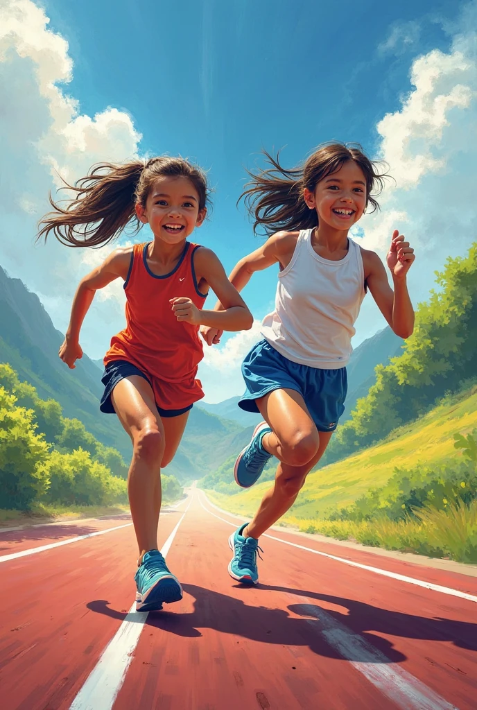 Cute kids running together on the track with smiles on their faces --auto --s2