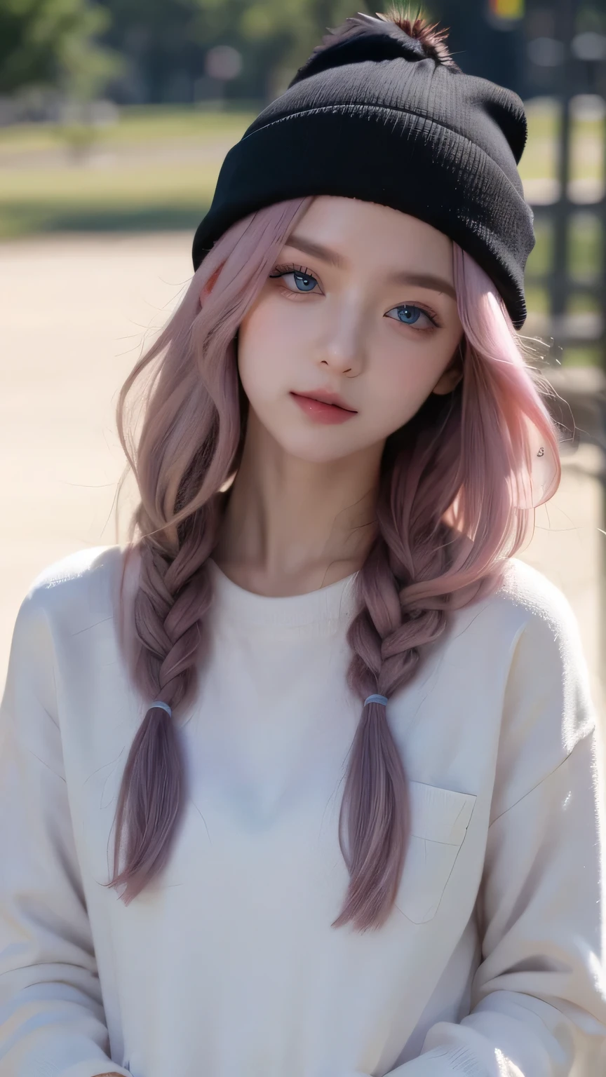 masterpiece, best quality, newest, absurdres, highres,
CivChan, pink hair, purple eyes,
1girl, solo, confident, head tilt, hand in pocket, looking away, smirk, straight-on, beanie, black lipstick,