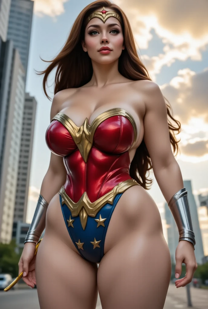 (melhor qualidade,4k,8k,alta resolução,masutepiece:1.2), (Anna Semenovich, BBW, 30 anos), cintura fina, (bunda enorme, Sagging Tits: 1,9), (RED HAIR), Footfall , ( ONE-PIECE WONDER WOMAN costume), sexy, sensual, hot, sorridente, (Sagging Tits: 1,9), decotes, bunda enormes. ((mesmo personagem, headpe, lado, costas)), (perfect hands)