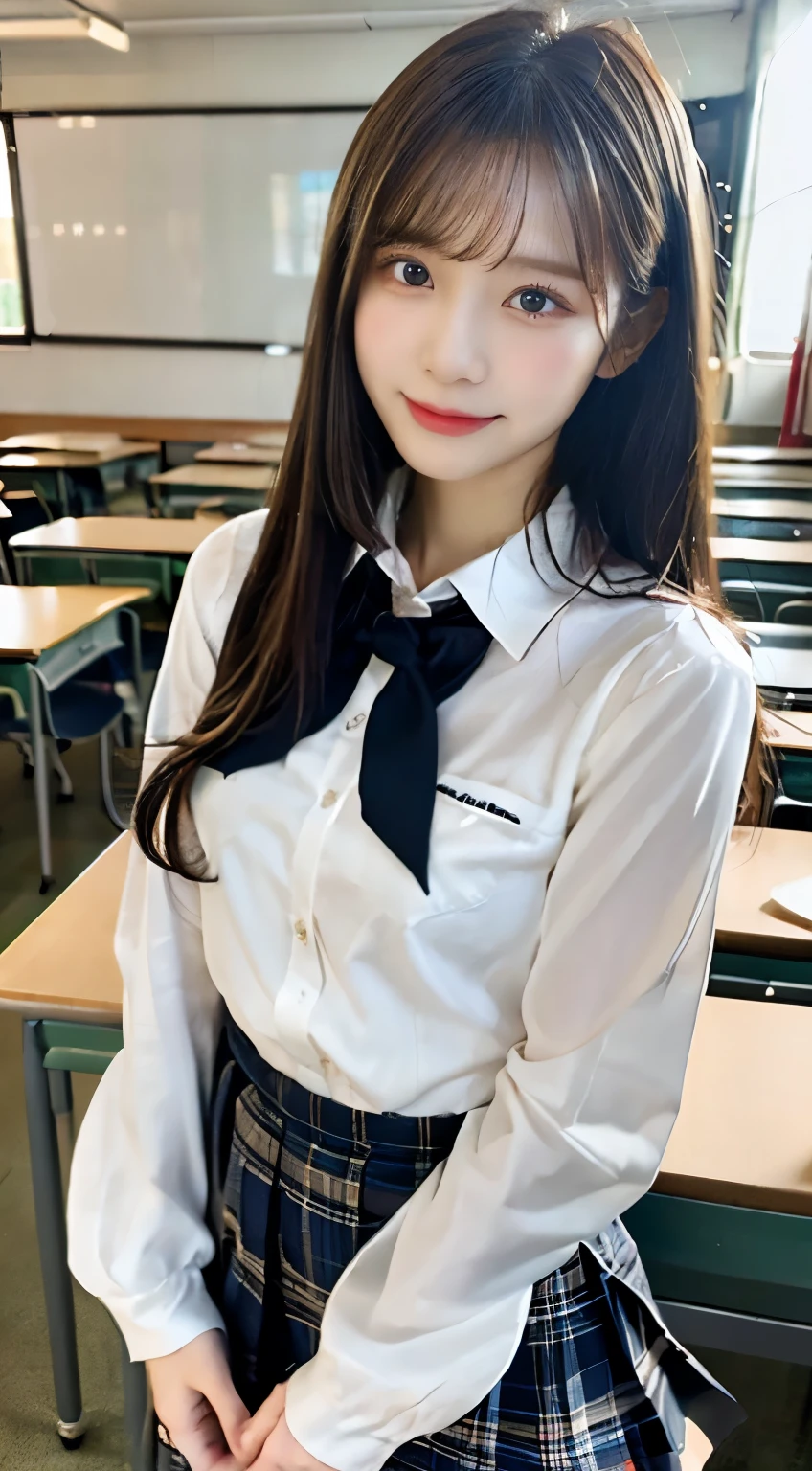 One girl, Hoshino (Blue Archive), alone, Heterochromia iridis, Pink Hair, skirt, Long Hair, tie, Ahoge, shirt, Hello, Plaid skirt, blue eyes, Plaid, View Viewer, white shirt, Sitting, Orange eyes, chest Harness, Harness, Long sleeve, ID card, Open your mouth, very Long Hair, collared shirt, smile, blue tie, bangs, Between the legs, hand Between the legs, blush, Hair between the eyes, High resolution,masterpiece, highest quality