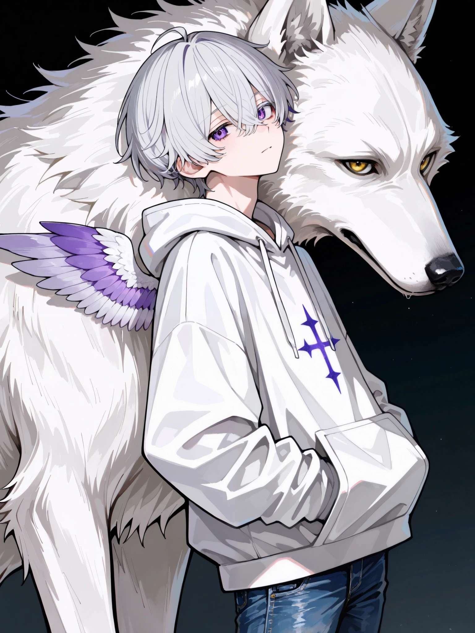 of the best quality,high definition, male,one person only,人物は male一名のみ,
Silver hair close to white,silver hair,Purple Delicate Eyes,There is a big white wolf behind the M-shaped cross with bangs,Short hair with volume and wings,
Curly hair,There is a slight neckline,The hairstyle is similar to Seishiro Nagi,
maleの背後に大きなホワイトウルフがいます,白い狼の前にいる male,
are cool,Handsome Guy,Looks strong,White Hooded Hoodie,navy blue jeans
God々demeanor,standing,behind the man is a big white dog,There's a wolf,