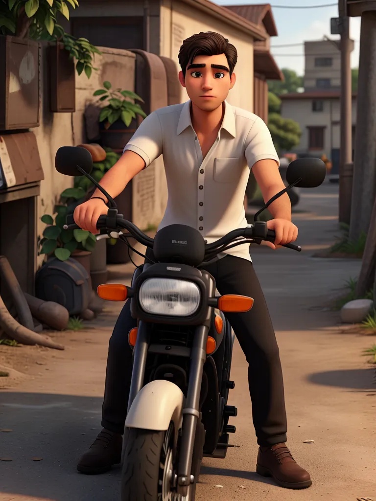 18+Young tall boy sad in village ai 3d image cartoon type with cafe racer bike sitting