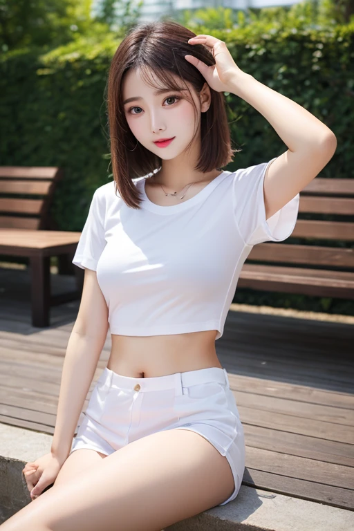 Masterpiece quality, 8K resolution, a beautiful figure, short dark brown hair, mid-chest, pendant, standing in the garden in a Henry flower shirt and ripped shorts, long slender legs, white stockings, Nike sneakers, highly detailed facial skin and double eyelids, detailed eyes looking at the camera.