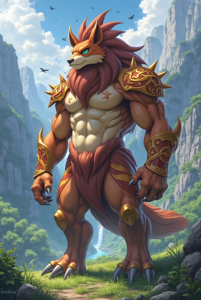 absurdres, ((best quality)), ((masterpiece)), (ultra detailed), perfect face,antro baize:2.5, male , ((deep-crimson fur)), (strong beefy muscular body), ((abs, strongmuscles, 8 pack)), furry, handsome,Beautiful and delicate eyes, (ultra detailed eyes, yellow color eyes, sharp eyes), detailed scene,(huge bulge),full body, reflection, shirtless, topless, pink nipples, (by null-ghost,by pino daeni), (full body), wearing random pattern necklace, claws, ((fluffy fur, fluffy, furry body)),(qilin, with antler), majestic, wind blowing, ((white belly), ((1 long tail)), big fellow, muscular male, (wearing skyblue loincloth), big fellow, huge body, handsome, majestic, barbarous, Delicate canine teeth, official art, hairy, male,bathing, by the waterfall, full body view, sweating:1.8