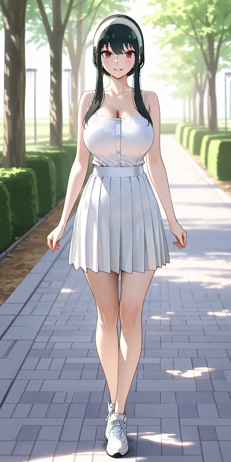 masterpiece, best quality, extremely detail 8k cg, high resolution, 1girl, kurenai yuhi, pale skin, black hair, red eyes, choker, outfit-gls, sweater, high-waist skirt, perfect ass, huge breasts, outdoors, garden, standing, beautiful face, wide shot photo, full body, from behind