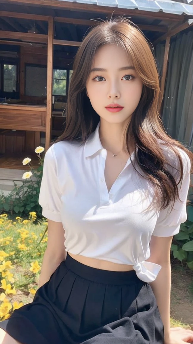 8k, masterpiece, RAW photo, best quality, photorealistic, extremely detailed CG unity 8k wallpaper, Depth of field, Cinematic Light, Lens Flare, Ray tracing, (extremely beautiful face, beautiful lips, beautiful eyes), intricate detail face, ((ultra detailed skin)) 1girl, in the dark, deep shadow, pretty Asian girl, idol, 1 girl, (very slim slender fit-muscled body:1.3), ((looking at viewer)),(clear eyes, walking , front shot, (pale skin), (big eyes), ((smile)), face forward, (brown hairs), (golf shirt), ((hot pink color shirt)), (updo hair), (pleated skirt), (white skirt), open navel, (looking at viewer:1.3), very slim, medium breasts, (golf course, landscape, blue sky, sunshine, lake), see through, smile, medium breasts