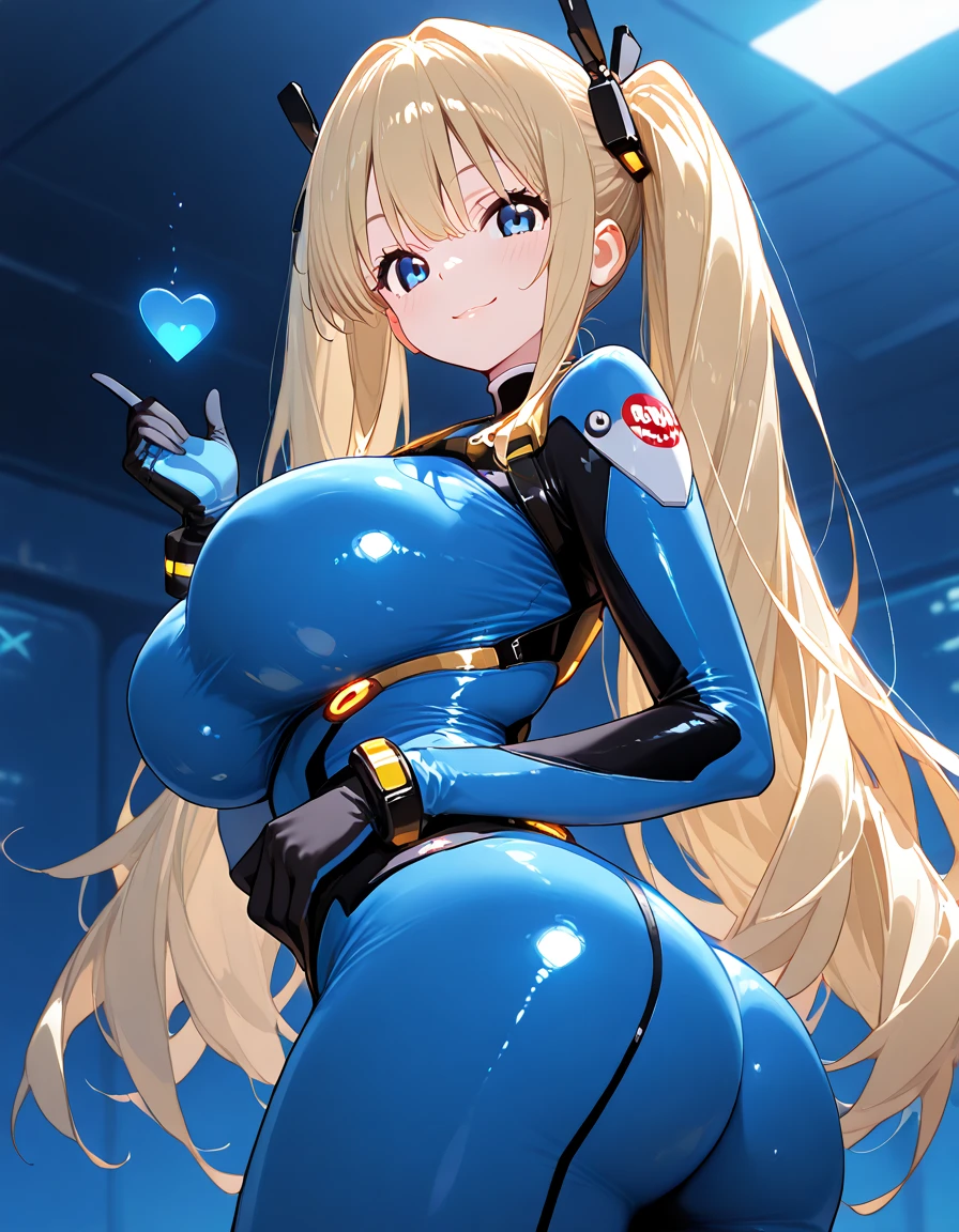1girl, blonde hair, large breasts, breasts, thick thighs, wide hips, blue eyes, bodysuit, black bodysuit, pantyhose, long hair, serious, science-fiction, tech, futuristic, black pantyhose, thighhighs, neon, machinery, hair ornament, ornament, neon trim, an8me style, 2d, anime screencap, shoulder armor