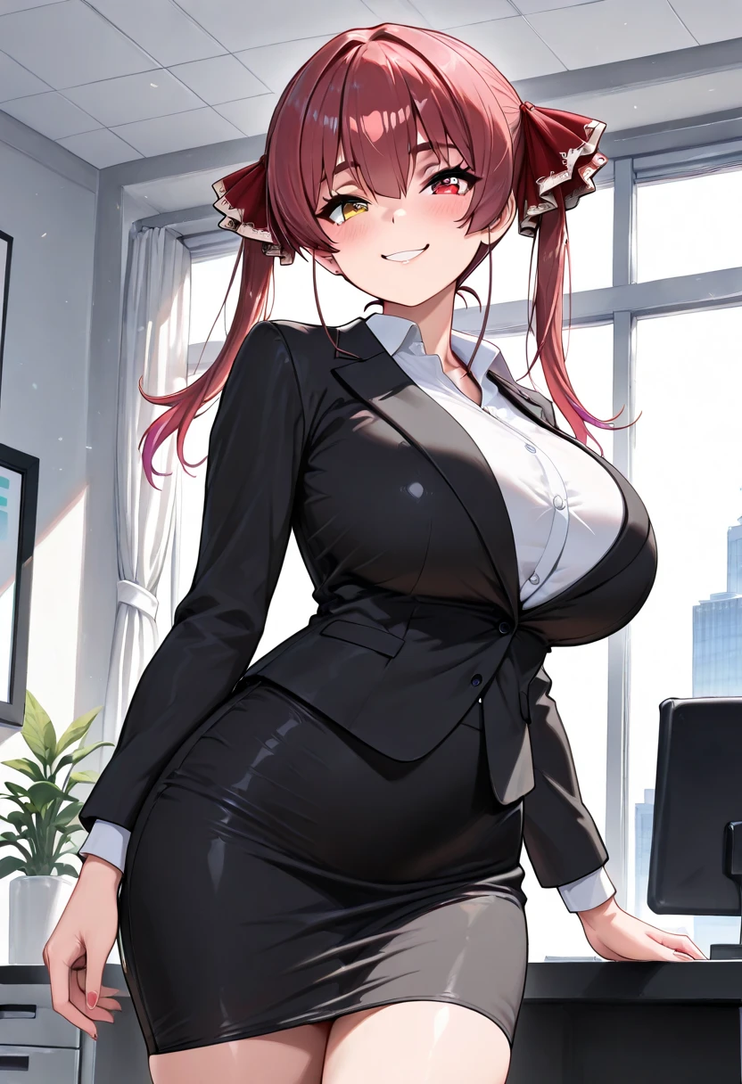 ((masterpiece, best quality)), highres, beautiful shy business woman looking at viewer, happy, smiling, blush, black midi pencil skirt, pencil skirt, pink blouse and undershirt, large bust, heels, full body, purple hair, wide hips, office building, office desk, window