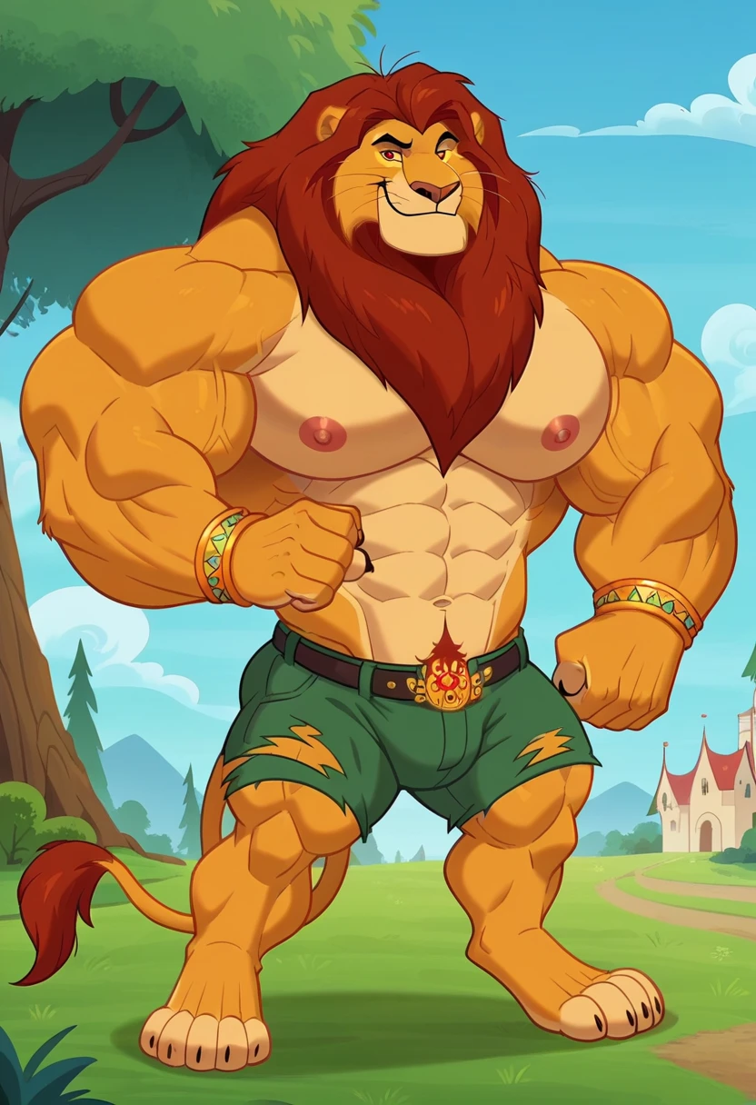 (best quality,4k,highres,masterpiece:1.2),ultra-detailed,(realistic:1.37) A male lion with a long and blond mane, blonde chin beard, and green eyes, standing in a garden. He has a big belly and a plump waist. He is wearing a tight and form-fitting jockstrap and a chest harness. The view focuses on his behind, specifically showcasing his round and ample buttocks