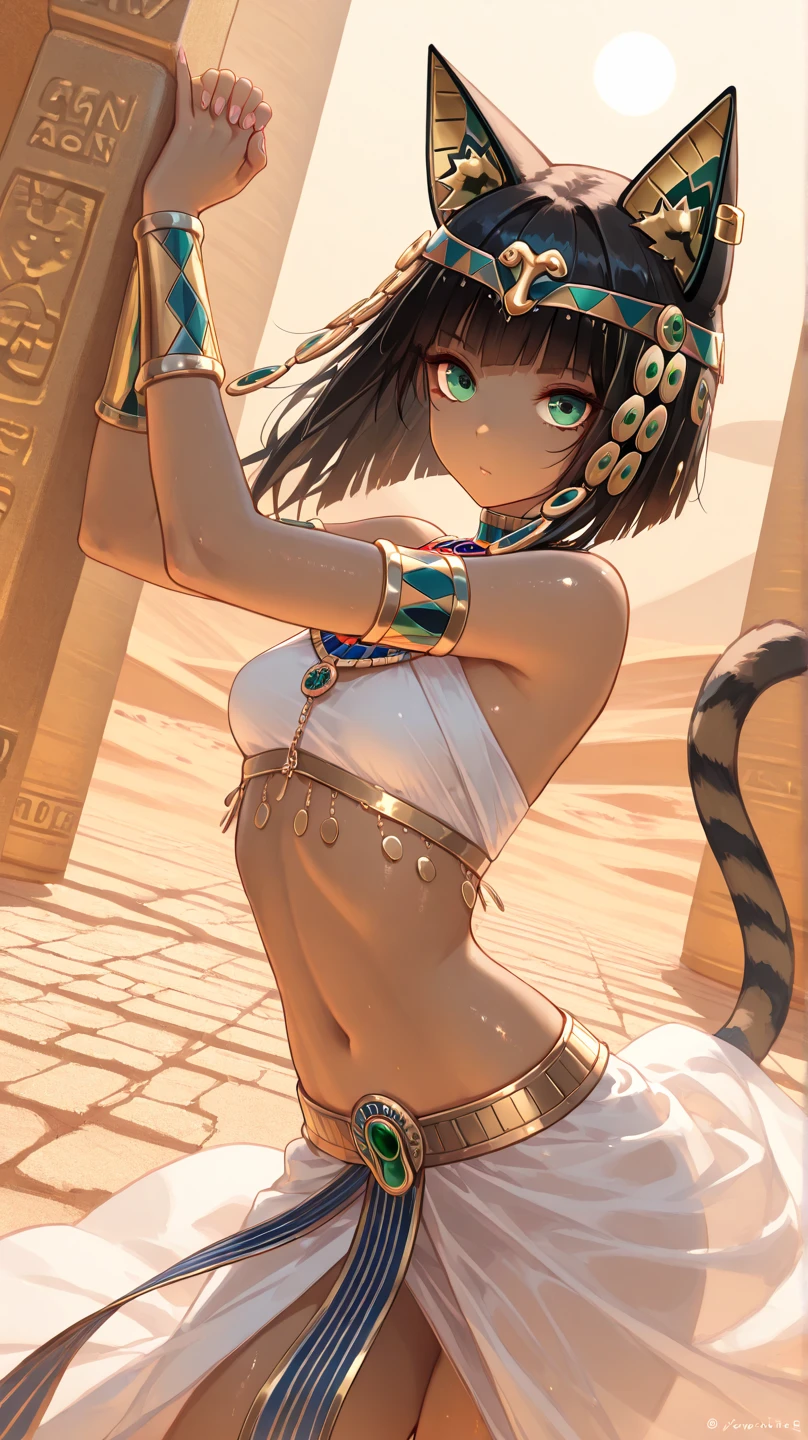 ((best quality)), ((highly detailed)), masterpiece, absurdres, (detailed eyes, deep eyes), <lora:more_details:.4>, (1girl), dynamic pose, upper body, <lora:goth_girl_GoofyAI:.7>, goth girl, gothic, makeup, (eyeshadow, mascara), ((black lips)), <lora:Ankha_v2:.8>, ankha, yellow skin, cat girl, yellow eyes, blue hair, half-closed eyes, tail, striped tail, :<, unimpressed, (bandages), white dress, sleeveless dress, Egyptian clothes, (in a desert, pyramids in the background, palm trees in the foreground), (at an altar, afternoon)