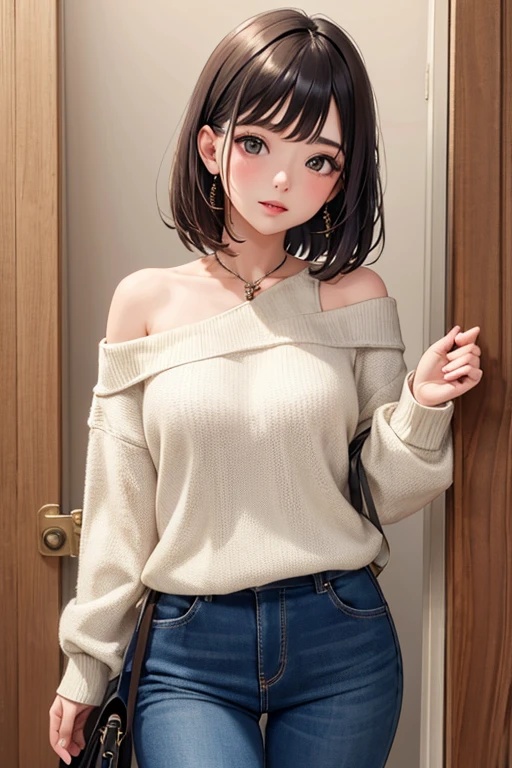 (((masterpiece))),(((High resolution)))、(((8K)))、(((perfect face)))、(((beauty of japan)))、25 years old、(((beautiful face))), (((girls room))), ((off shoulder sweater)), ((mini skirt)), embarrassed look, look at the camera, top quality eyes, detailed texture, look at the camera, all body, big , chuby, plump, cool girl, wife